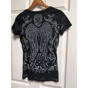014-002 New Iron Horse Saloon Woman Size Large T-Shirt Black Print Skull Wings
